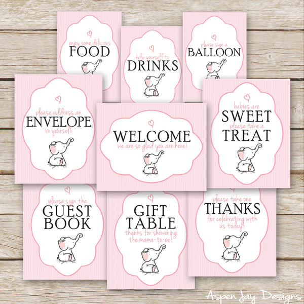 Pink Elephant Baby Shower Signs