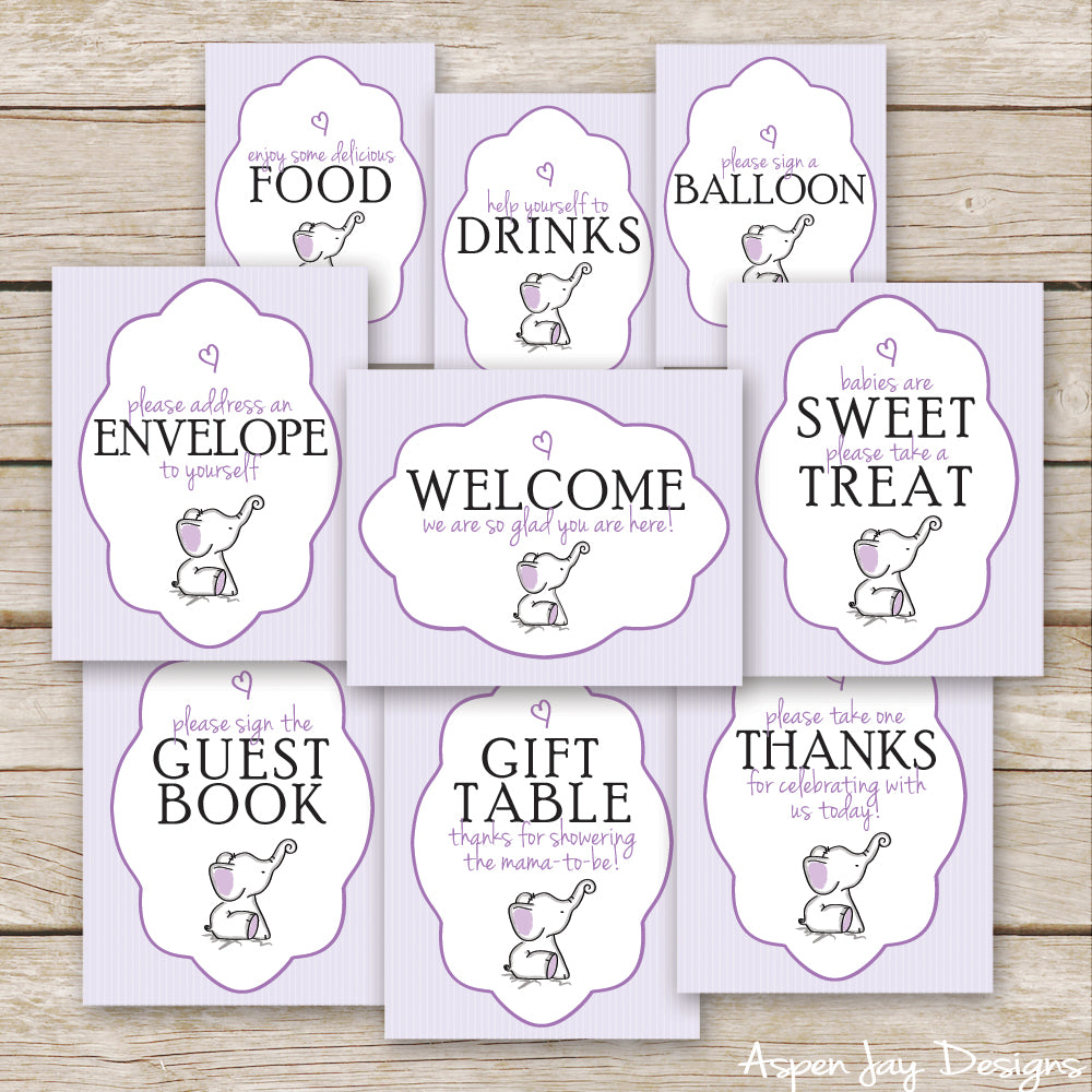 Purple Elephant Baby Shower Signs