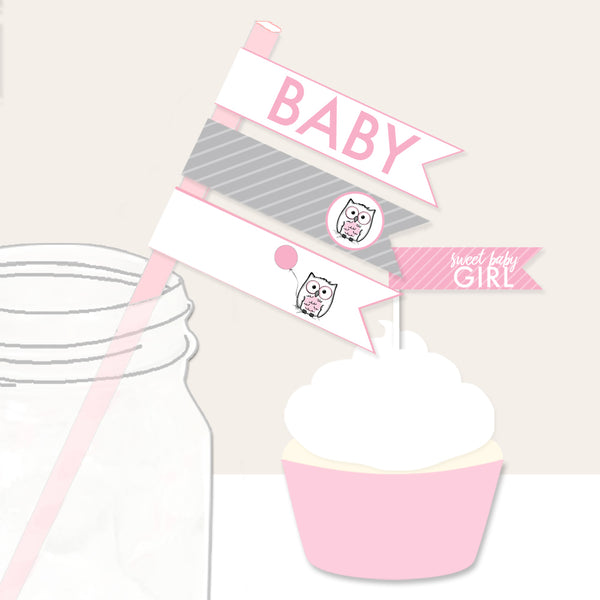 Pink Owl Cupcake or Straw Flags