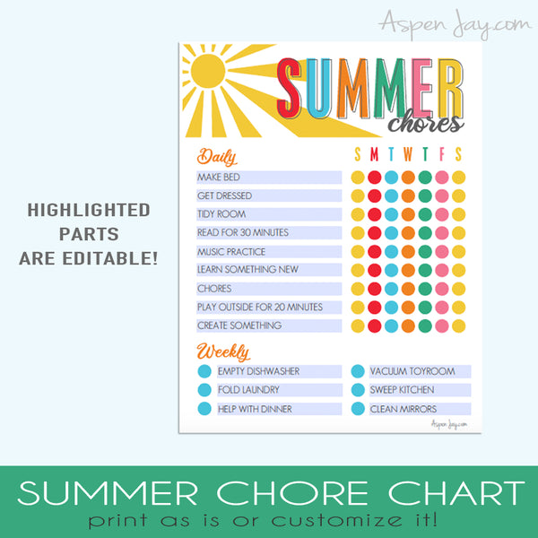 EDITABLE Summer Chore Chart