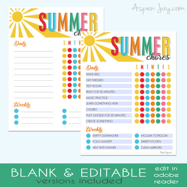 EDITABLE Summer Chore Chart