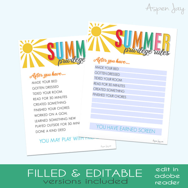 EDITABLE Summer Rules Chart