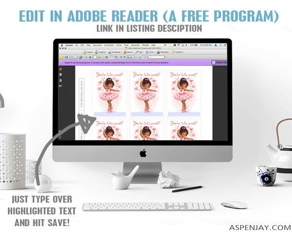 Editable Ballerina Valentine Cards – Single Dark Hair & Skin Ballerina