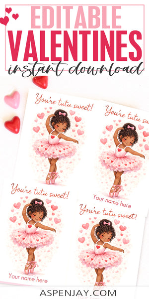 Editable Ballerina Valentine Cards – Single Dark Hair & Skin Ballerina