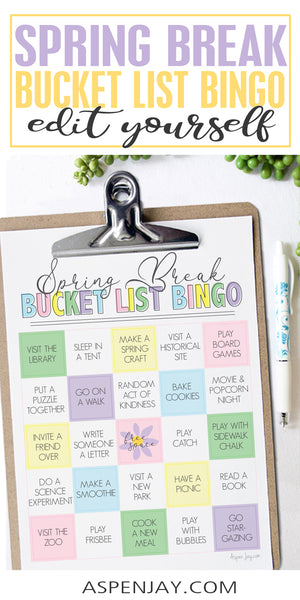 Editable Spring Break Bucket List Bingo