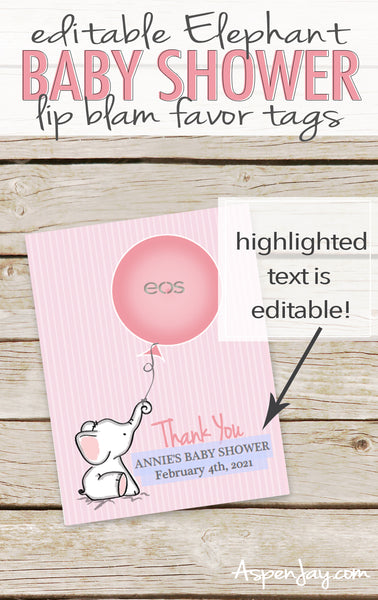 EDITABLE Pink Elephant EOS Lip Balm Favor Card