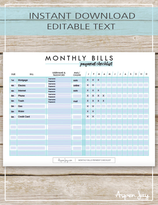 Monthly Bills Payment Checklist AspenJay