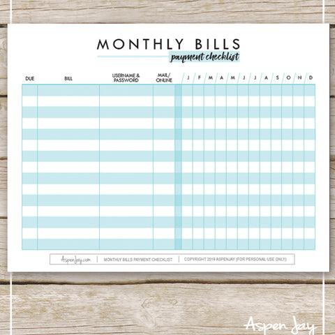 Monthly Bill Payment Checklist