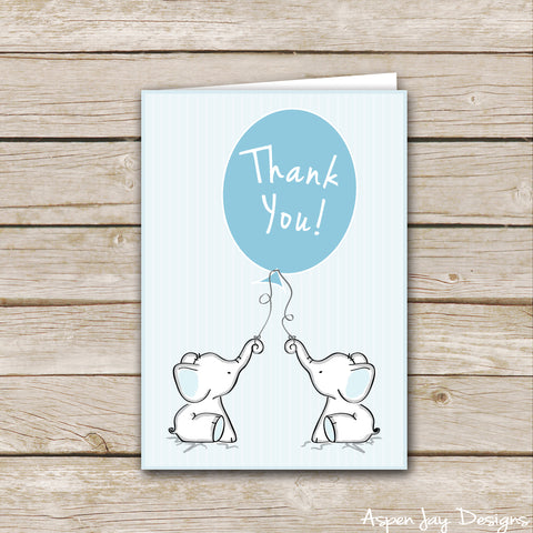 Blue Twin Elephant Thank You Cards