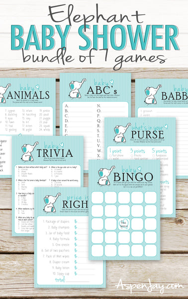 Turquoise Elephant 7 Baby Shower Games Package