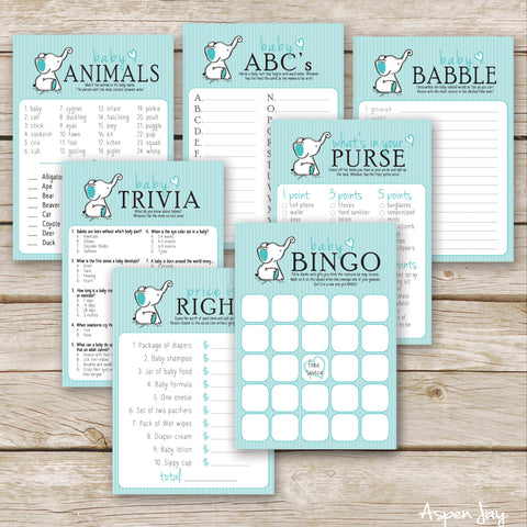 Turquoise Elephant 7 Baby Shower Games Package