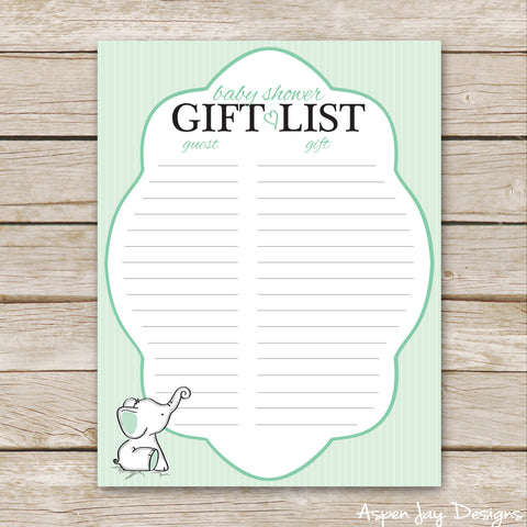 Green Elephant Shower Gift List