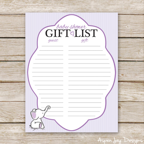 Purple Elephant Shower Gift List