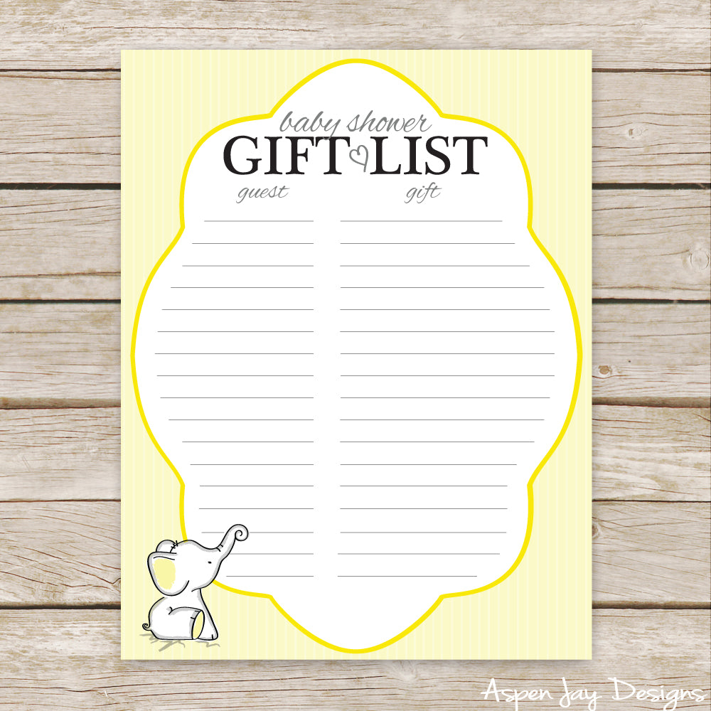 Yellow Elephant Shower Gift List