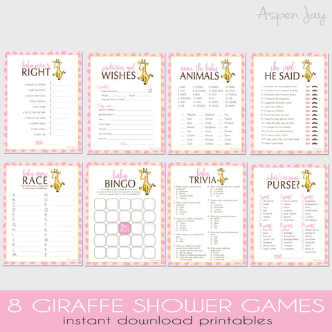 8 Giraffe Baby Shower Games Pack
