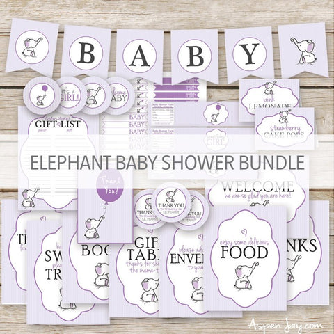 Purple Elephant Baby Shower Decor Package