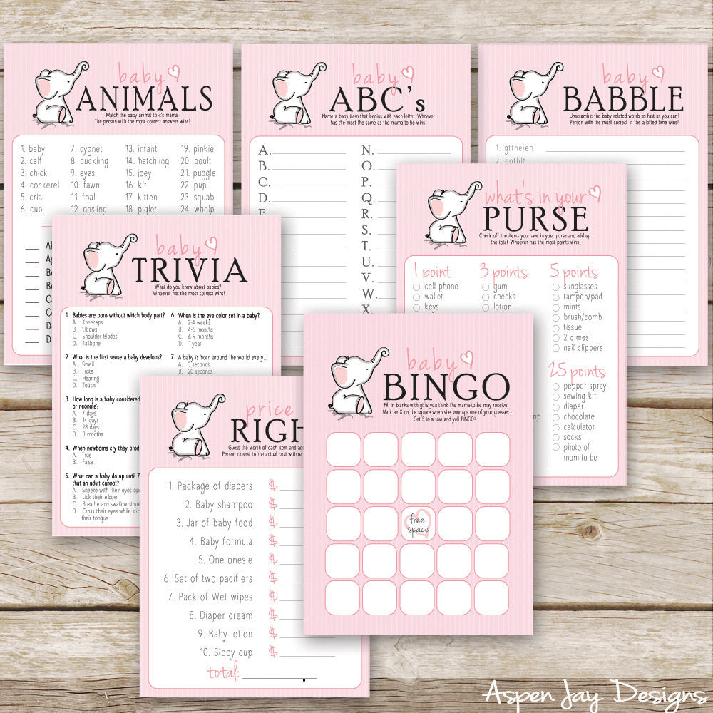 Pink Elephant 7 Baby Shower Games Package