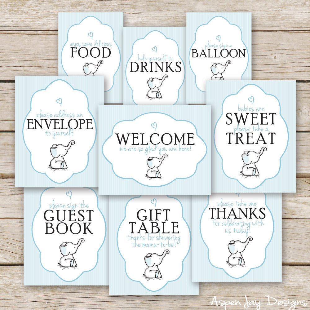 Blue Elephant Baby Shower Signs – AspenJay for Free Printable Gift Table Sign