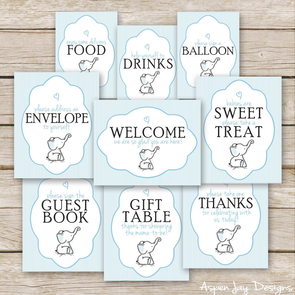 Blue Elephant Baby Shower Signs