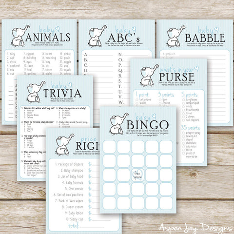 Blue Elephant 7 Baby Shower Games Package