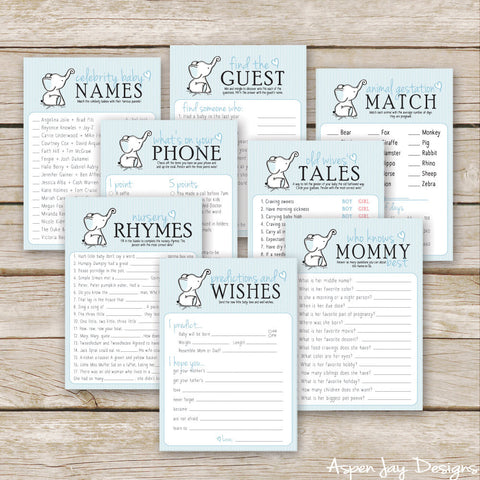 Blue Elephant 8 Baby Shower Games Package