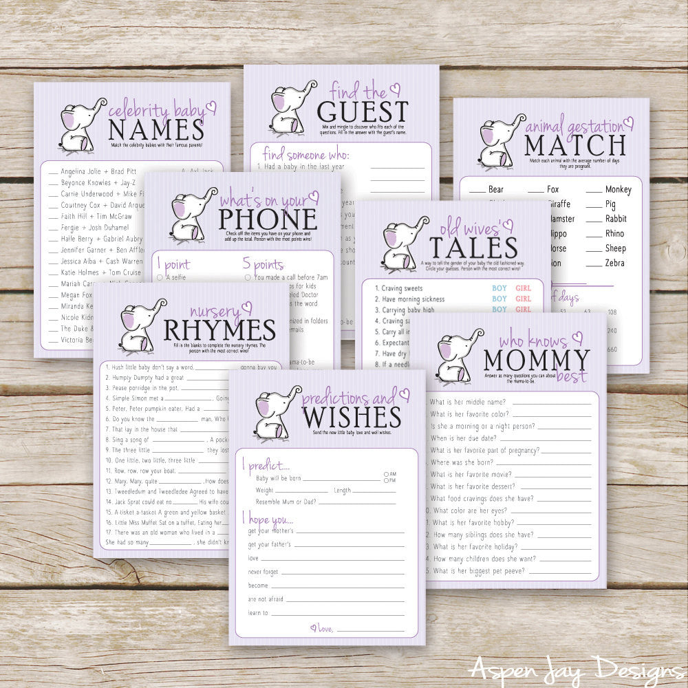 Purple Elephant 8 Baby Shower Games Package