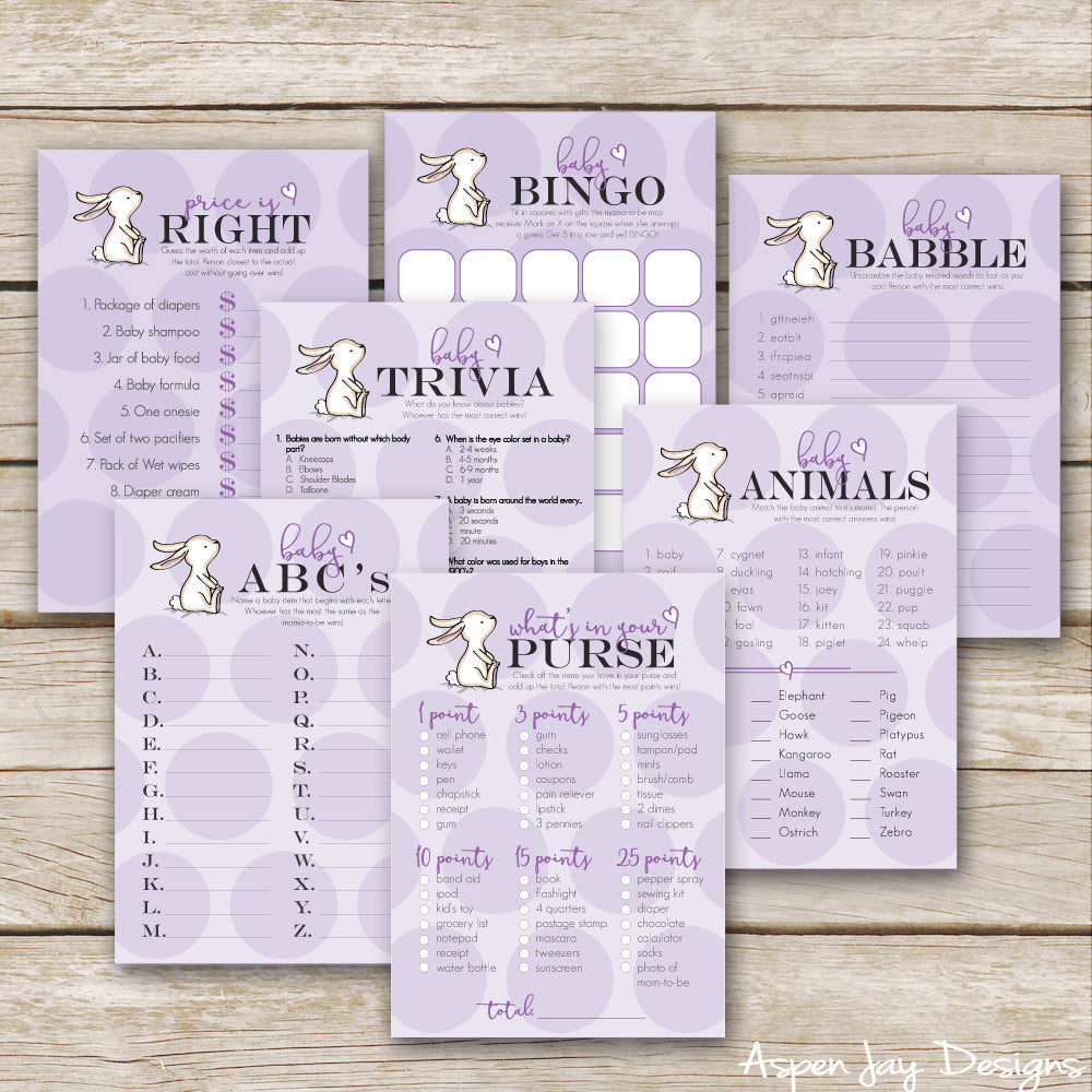 Purple Bunny 7 Baby Shower Games Package