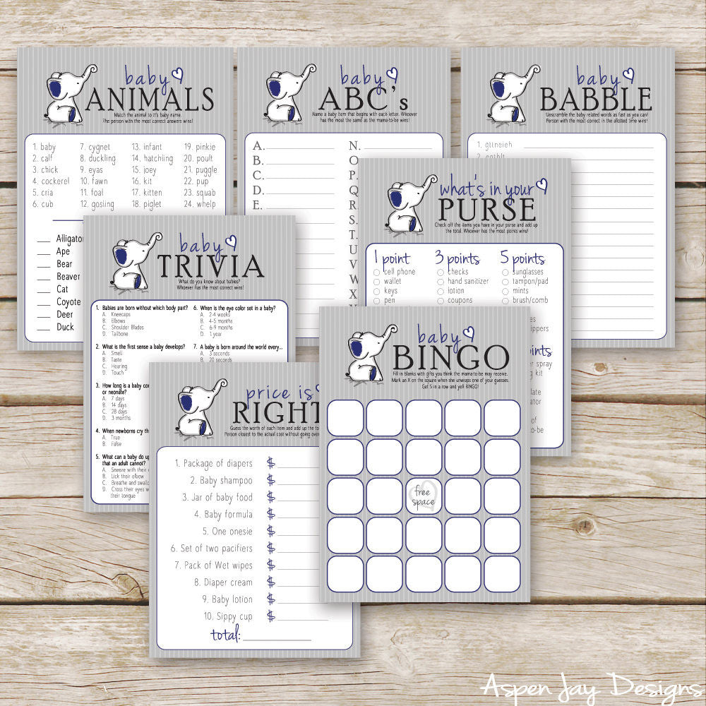 Navy Elephant 7 Baby Shower Games Package