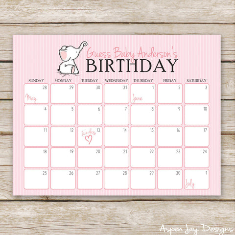 Pink Elephant Baby Predictions Calendar