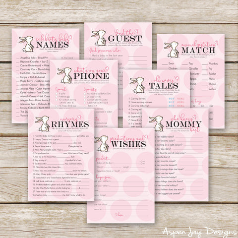 Pink Bunny 8 Baby Shower Games Package