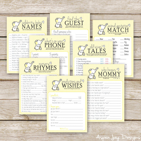 Yellow Elephant 8 Baby Shower Games Package