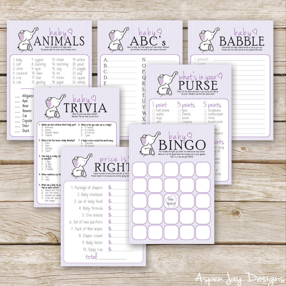 Purple Elephant 7 Baby Shower Games Package