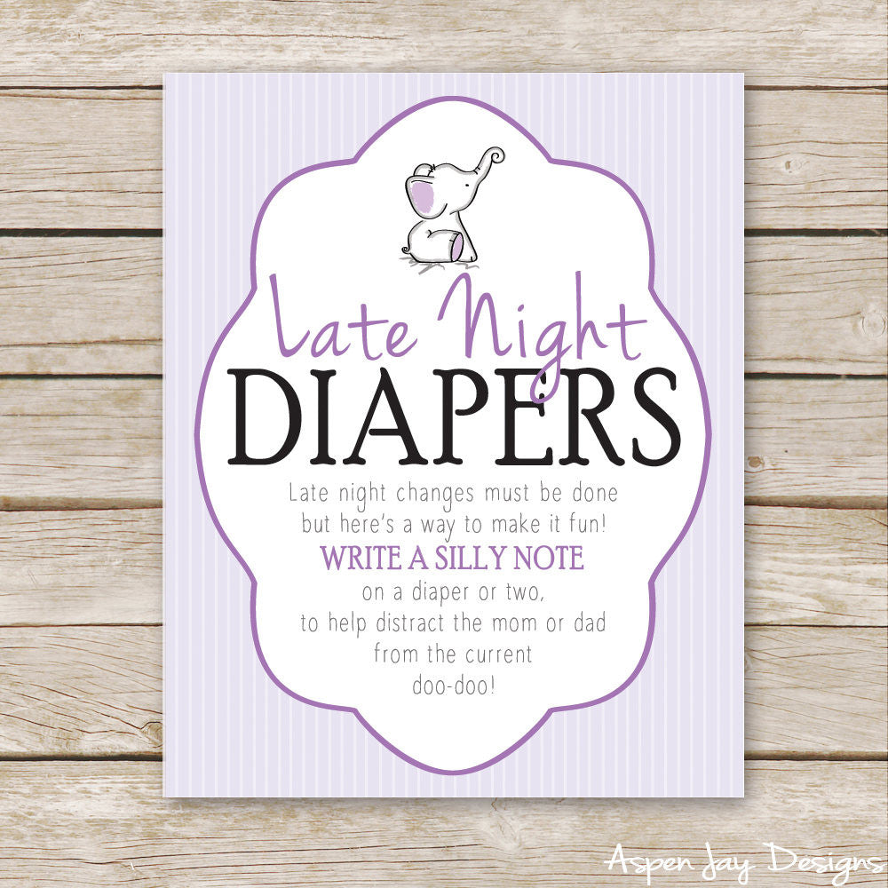 Purple Elephant Late Night Diapers Sign