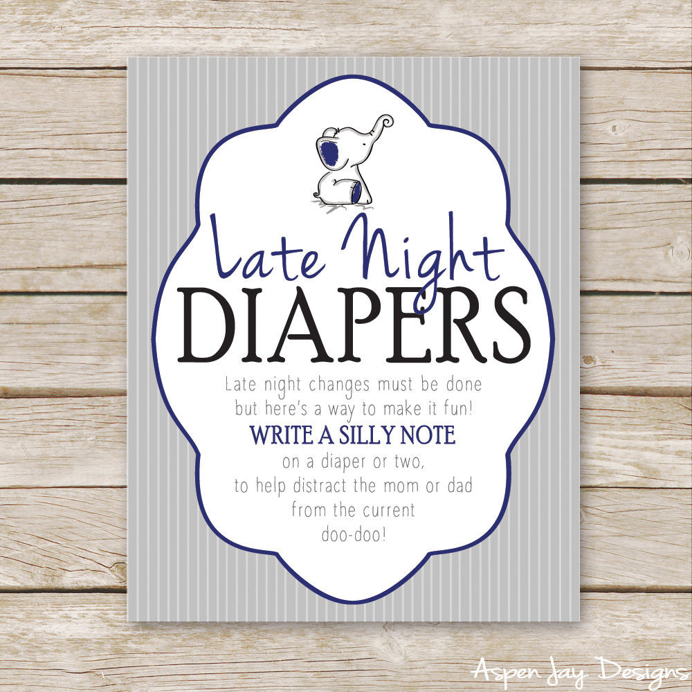 Navy Elephant Late Night Diapers Sign