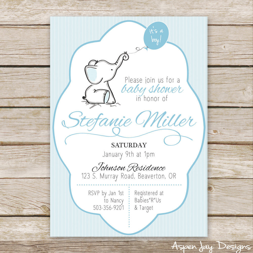 Blue Elephant Baby Shower Invites