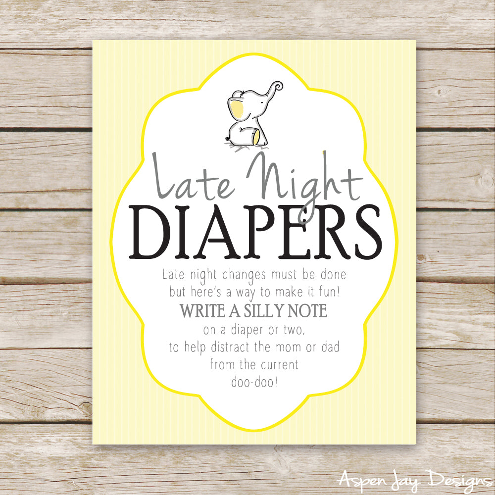 Yellow Elephant Late Night Diapers Sign