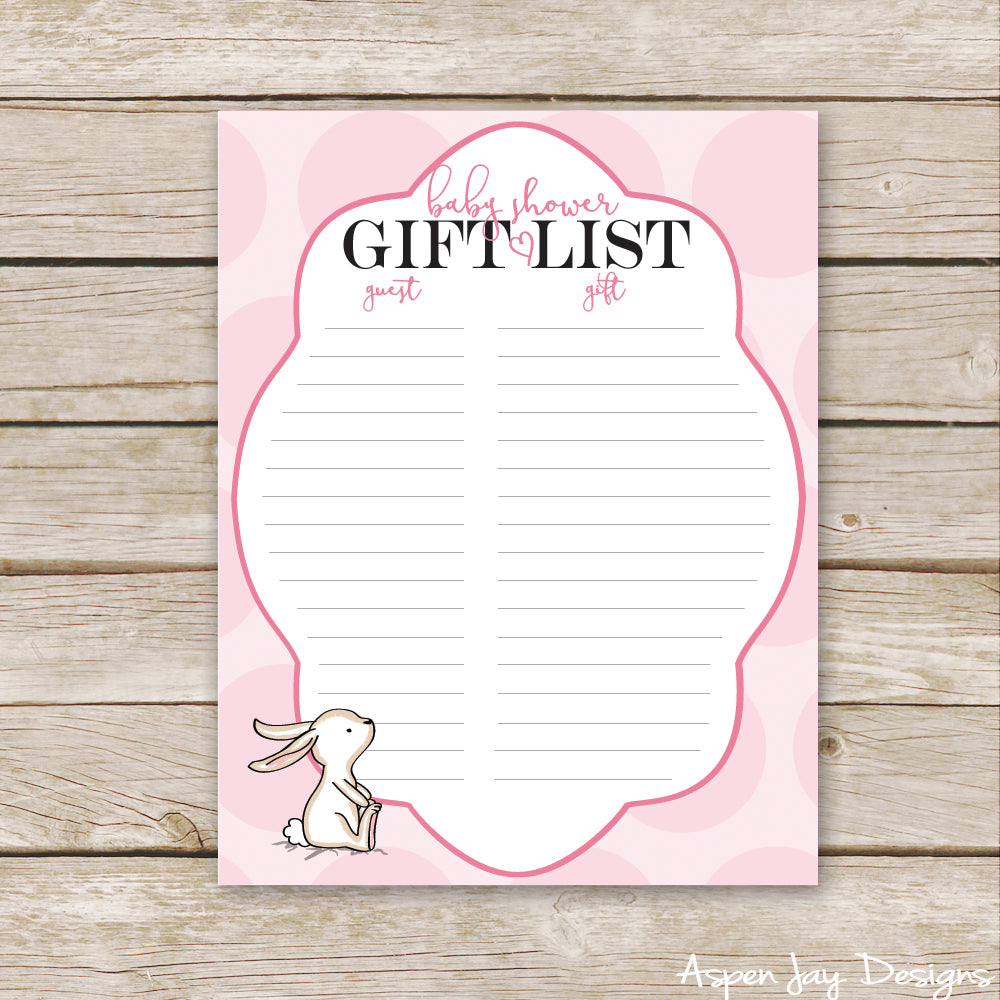 Pink Bunny Shower Gift List