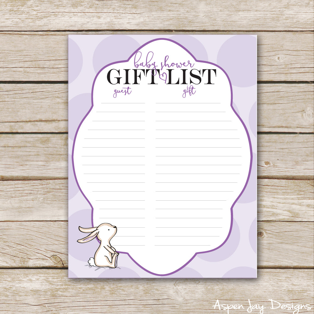 Purple Bunny Shower Gift List