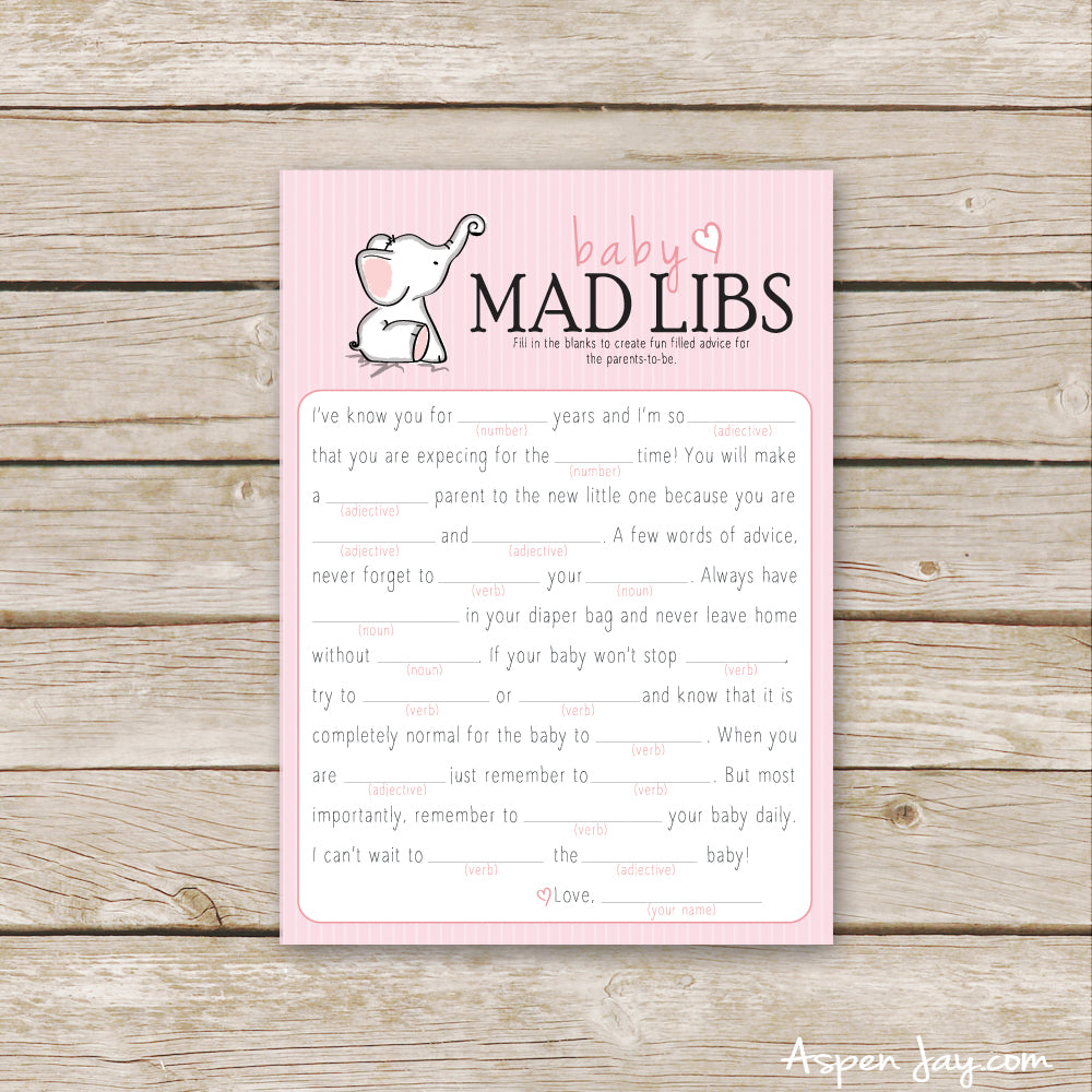 Pink Elephant Baby Mad Libs