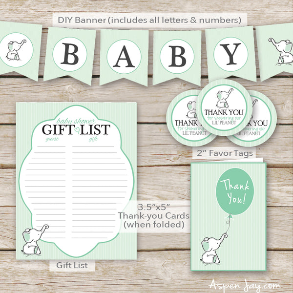 Green Elephant Baby Shower Decor Package