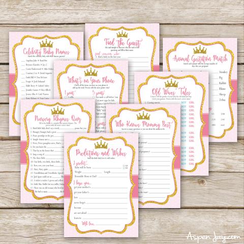 Pink Princess 8 Baby Shower Games Package