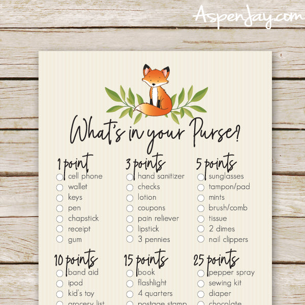 fox-baby-shower-game-what-s-in-your-purse-aspenjay for What S In Your Purse Game Printable Free Fox Baby Shower Game - What's in your Purse – AspenJay for What S In Your Purse Game Printable Free
