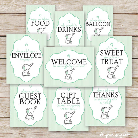 Green Elephant Baby Shower Signs