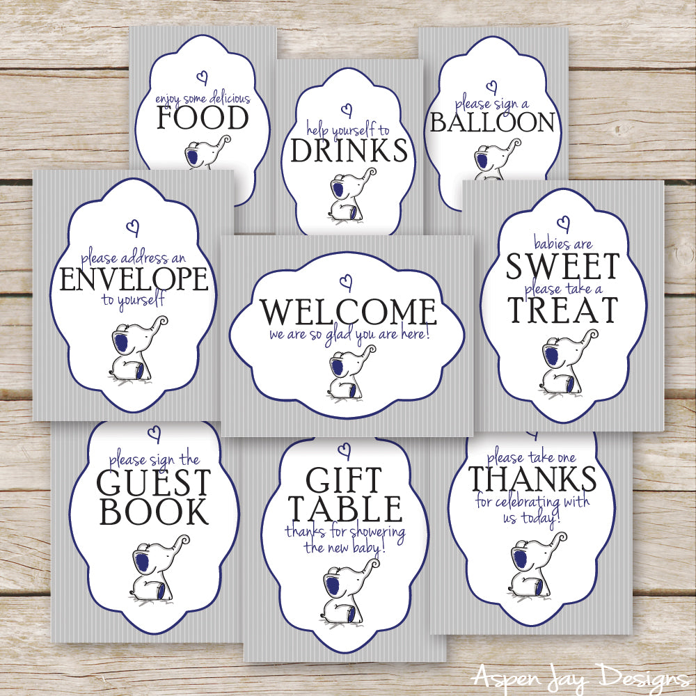 Navy Elephant Baby Shower Signs