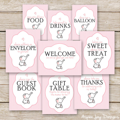 Pink Elephant Baby Shower Signs