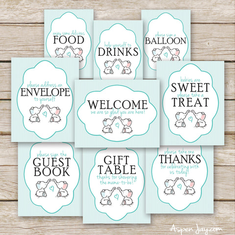 Twin Pink & Blue Elephant Baby Shower Signs
