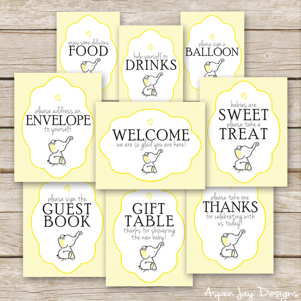 Yellow Elephant Baby Shower Signs – AspenJay