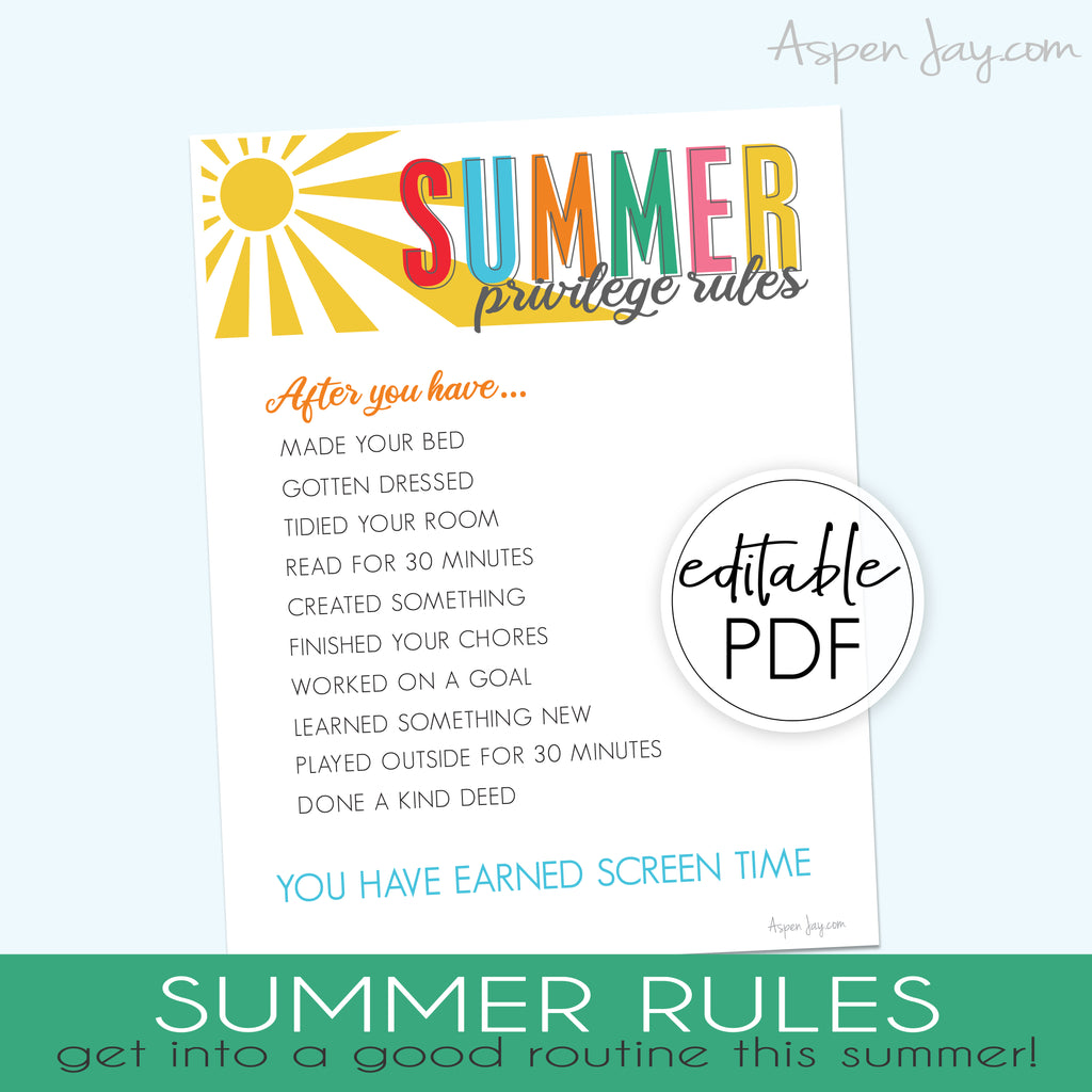 EDITABLE Summer Rules Chart