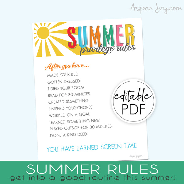 EDITABLE Summer Rules Chart