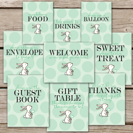 Green Bunny Baby Shower Signs